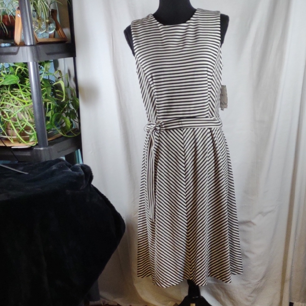 NWT Classic Black & White Striped Midi Stretch Dress - Size 8